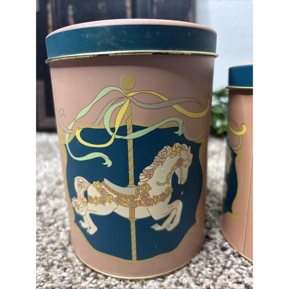 Vintage Set 3 Nesting Tin Canisters Horses Carousel 1990s Storage Containers - Picture 3 of 13